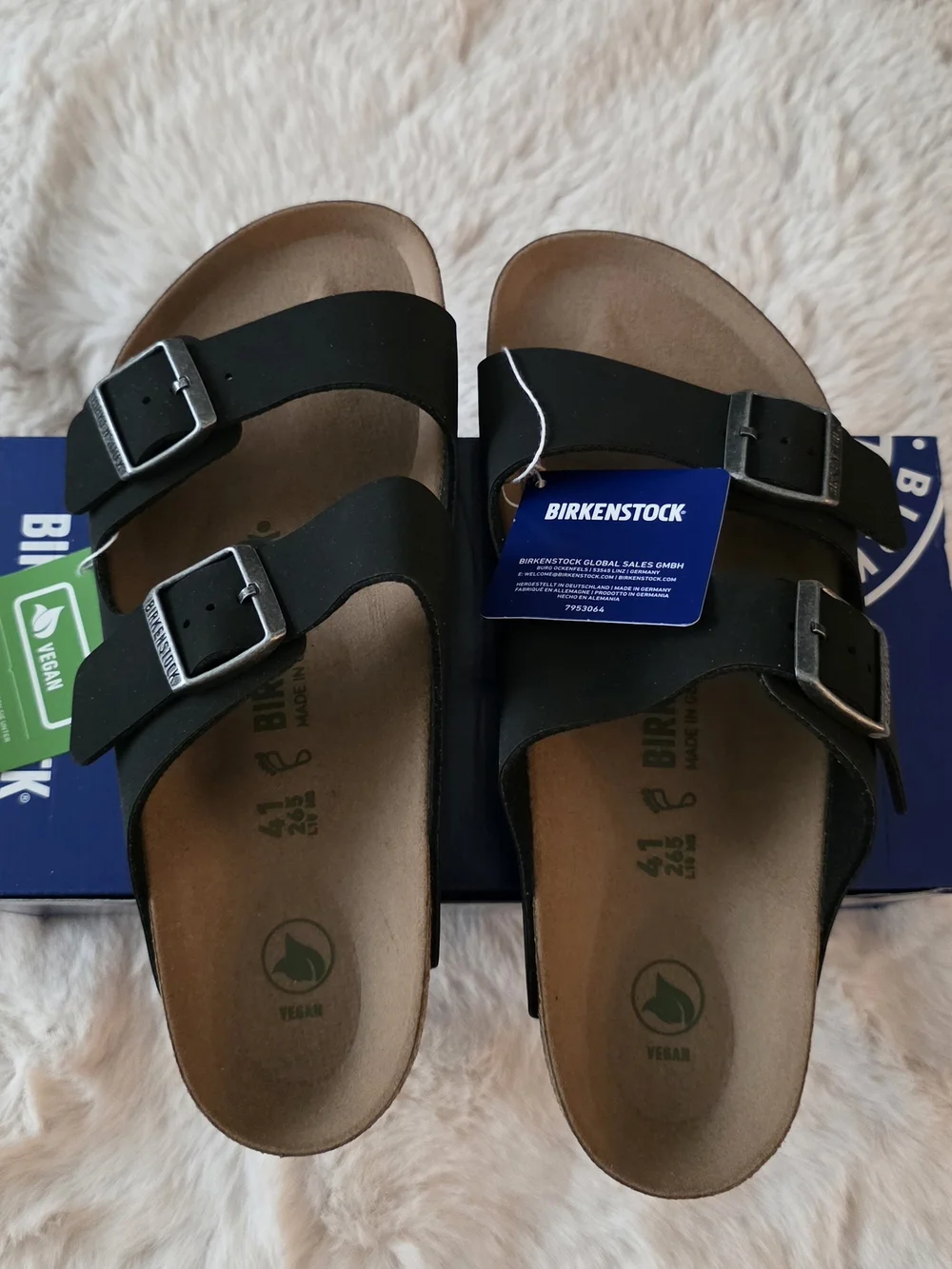 Birkenstock Men 8 Ladies 10  Black Two-Strap Vegan Leather Sandals